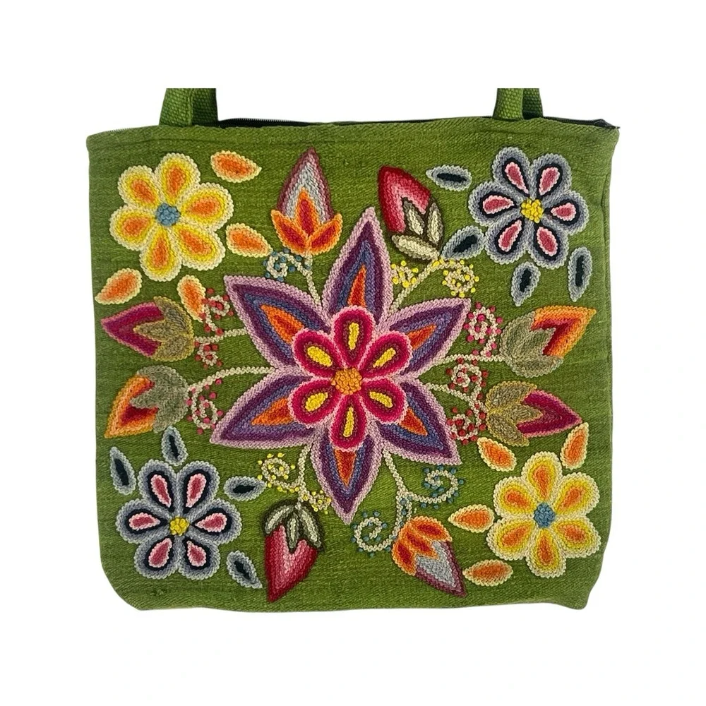 handmade Peruvian floral embroidered woven wool tote lime greenb 13x14 - Picture 9 of 12